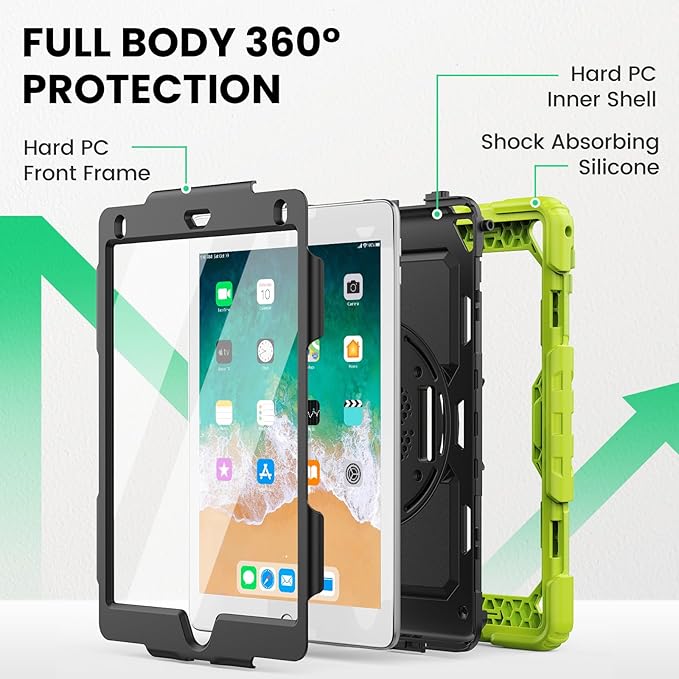 SEYMAC Case for iPad 6th/5th Generation 9.7 Inch, Full-Body Shockproof Heavy Duty Protective Case with Screen Protector, Rotating Stand/Hand/Shoulder Strap for iPad Air 2/ Pro 9.7, Green