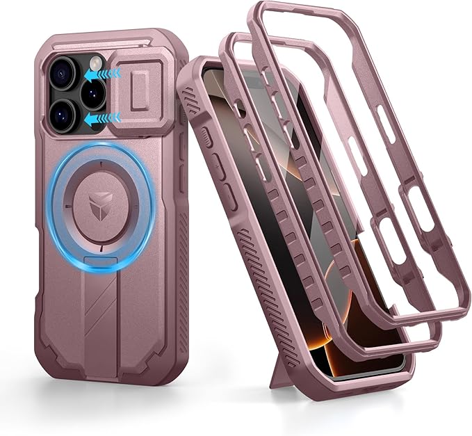 Dexnor for iPhone 16 Pro Case with Slide Camera Cover&Adjustable Kickstand & Built-in Screen Protector,Compatible with MagSafe Shockproof Bumper Cases Heavy-Duty Magnetic Protective Cover,Peony Pink