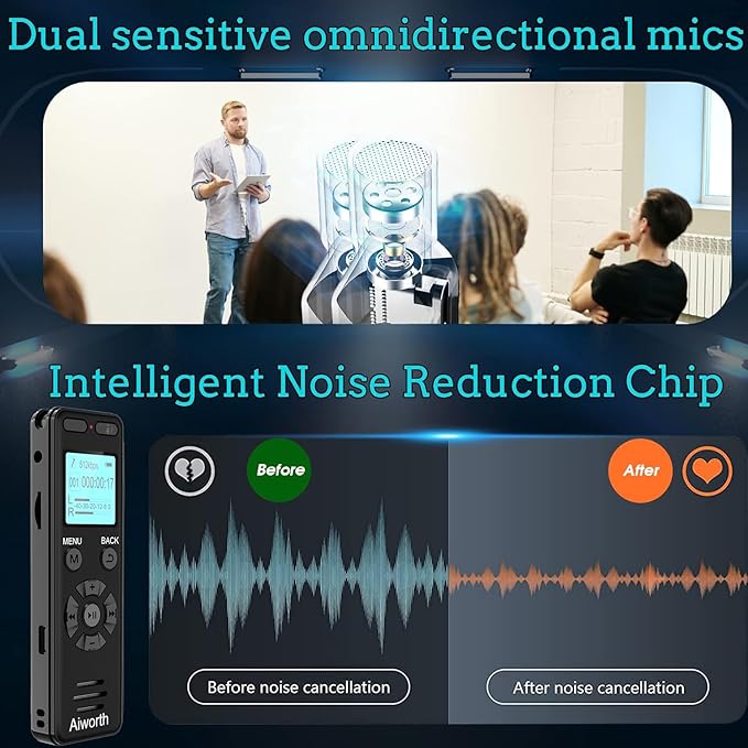 136GB Digital Voice Recorder Voice Activated Recorder for Lectures Meetings - aiworth 9860 Hours Sound Audio Recorder Dictaphone Recording Device with Playback,MP3 Player,Password,Variable Speed.