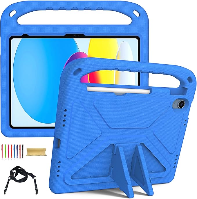 for iPad A16 Case 11th Generation 2025 11 Inch, iPad 10th Generation 10.9" 2022 Case, Kids Friendly Lighweight EVA Foam Shoulder Strap Shockproof Stand Cover for Girls Boys, Blue