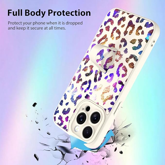 KANGHAR Compatible with iPhone 15 Pro Max Case, Support for MagSafe, Silicone Cute Iridescent Leopard Cheetah Pattern, Wristband Kickstand Shockproof Protective Slim Cover for Women Girls, White