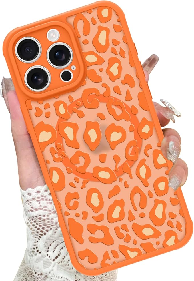 KANGHAR Case for iPhone 16 Pro Max Orange Leopard Printed Pattern Cute Cheetah [Compatible with Magsafe] Protective Magnetic Case for Girls Women 6.9"