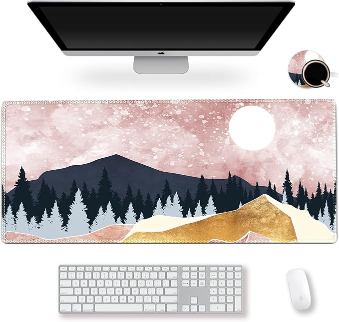 ARTSO Large Gaming Mouse Pad with Stitched Edges, XXL Extended Keyboard Mat Long Mousepad Desk Decor Writing Pad 35.1x15.7 in, Non-Slip Base for Work, Game, Office, Home, Pink Abstract Mountain