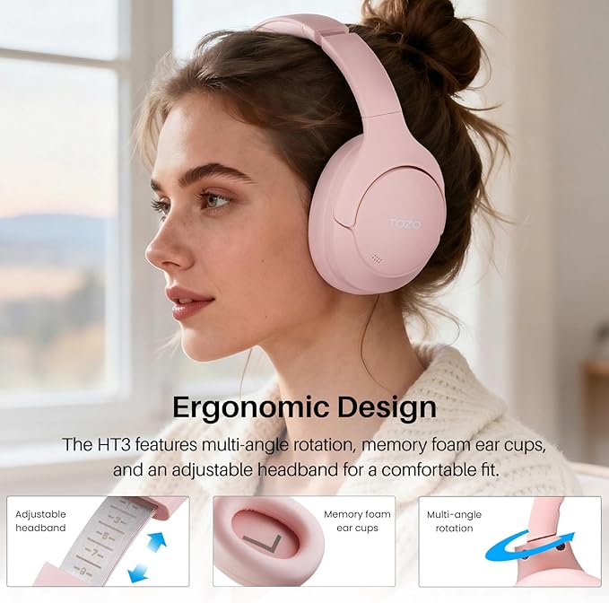 TOZO HT3 Hybrid Noise Cancelling Headphones, 90H Battery Life Wireless Over Ear Bluetooth 6.0 Foldable Headset, AI Voice Assistant with 5 Mics, Connect 2 Devices and Hi-Res Sound, 32 EQ Audio Presets