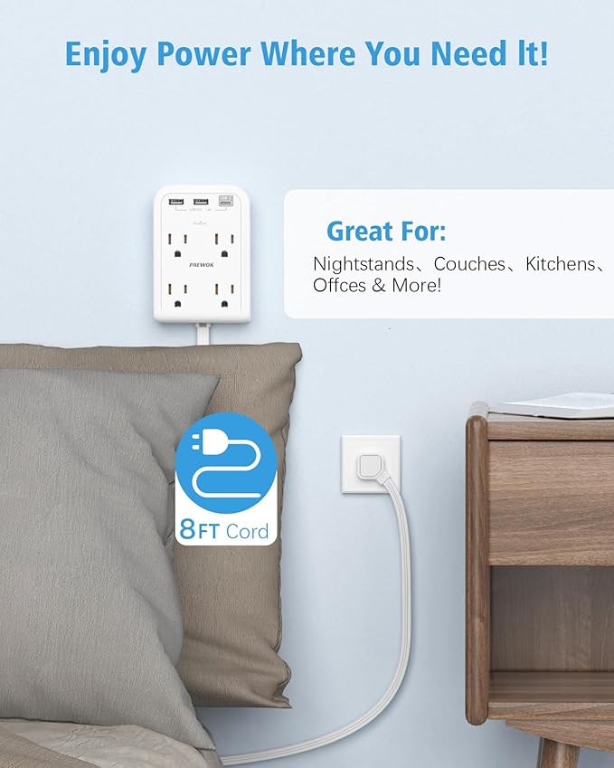 Surge Protector Power Strip with 3 USB Wall Plug(1 Type C), 4 AC Socket Wall Adapter, Electrical Outlet Extender Stick with 8 ft Thin Extension Cord, Home Office Dorm Room Essentials, White