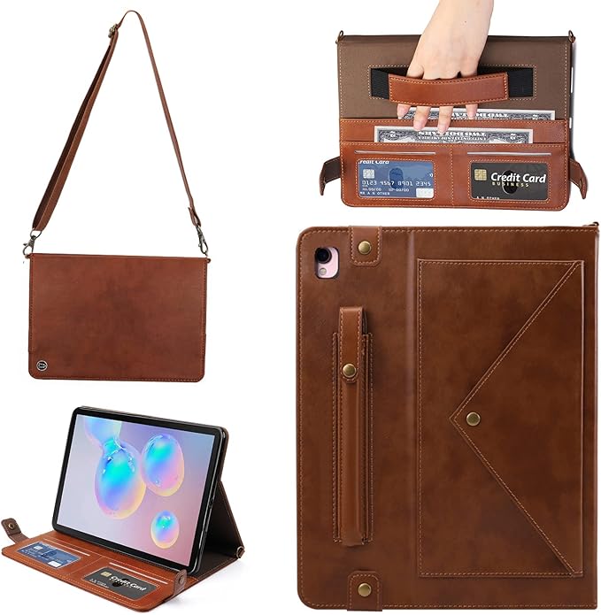 Handbag Case for iPad 10.2" (2019-2021) & iPad Pro/Air 10.5", Techcircle Folio Stand iPad Crossbody Wallet Case with Pencil Holder & Envelope Pocket, Hand Strap+Shoulder Strap Protective Cover, Coffee