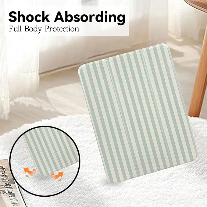 Lovmooful Compatible for iPad 5/6 (9.7-Inch,2018/2017 Model,6th/5th Generation) Case with Pencil Holder Cute Striped with Aesthetic Design Soft TPU Trifold Stand Protective-Green