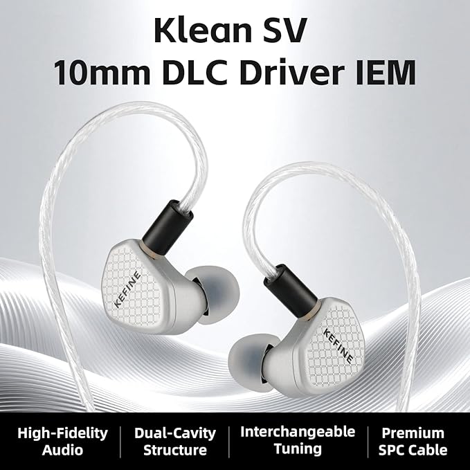 Klean SV in Ear Monitor, 10mm Full-DLC Diaphragm Dynamic Driver IEM, 3 Interchangeable Tuning Nozzles, HiFi Wired Earbuds, Detachable Cable for Audiophile, Musician & Gaming (Silver, 3.5mm)