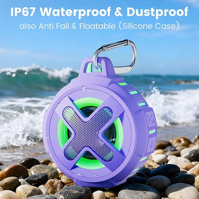 XLeader X8(2 Gen) Upgraded, Bluetooth Shower Speaker, Certified IP67 Waterproof, Small Wireless, Silicone Case, 10W Pro Sound&Deep Bass, 24Hrs Playtime, with Portable Clip, for Beach Kayak Gift Purple