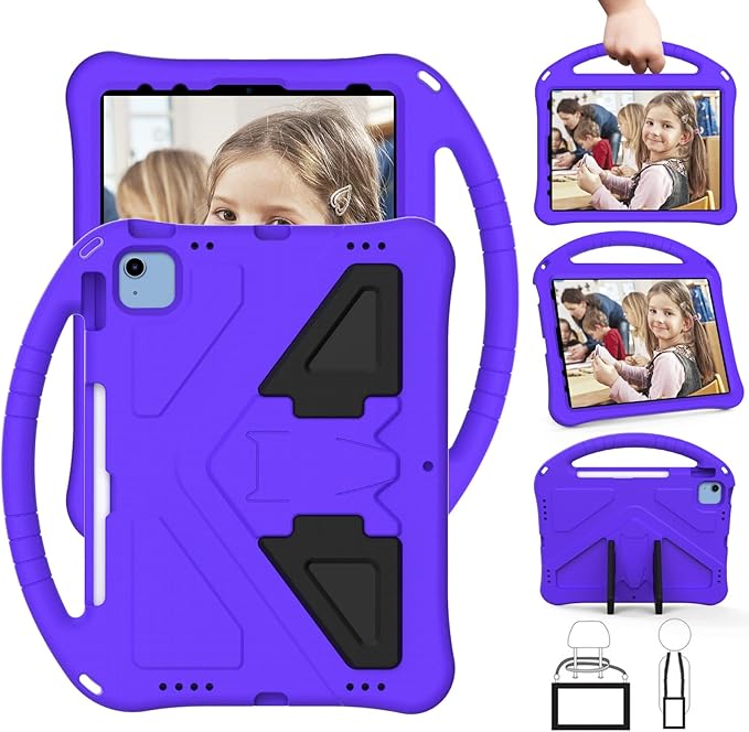 Shockproof Case for Apple iPad A16 11 Inch 2025 11th Gen/iPad 10th Generation 2025 10.9", with Shoulder Strap Soft EVA Handle Design Foldable Kickstand Kids Friendly Cover for Girls Boys, Purple