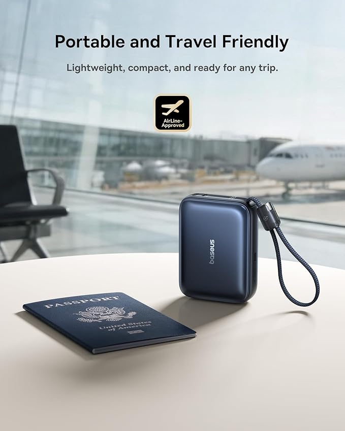 Baseus PicoGo AC22 Mini Power Bank, 20000mAh 45W PD Portable Charger Built-in USB-C Cable, Travel Essential Compact Battery Pack, Fast Charging Battery Bank for iPhone 17/16/15 Samsung S25 Pixel iPad