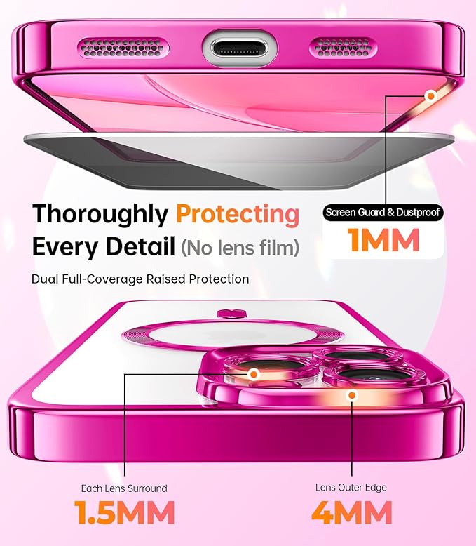 Meifigno Case Designed for iPhone 16 Pro, [Compatible with MagSafe] [1X HD+1X Privacy Screen Protectors] [Glitter Card&Wrist Strap] Surround Lens Protection Designed for iPhone 16 Pro Case, Hot Pink
