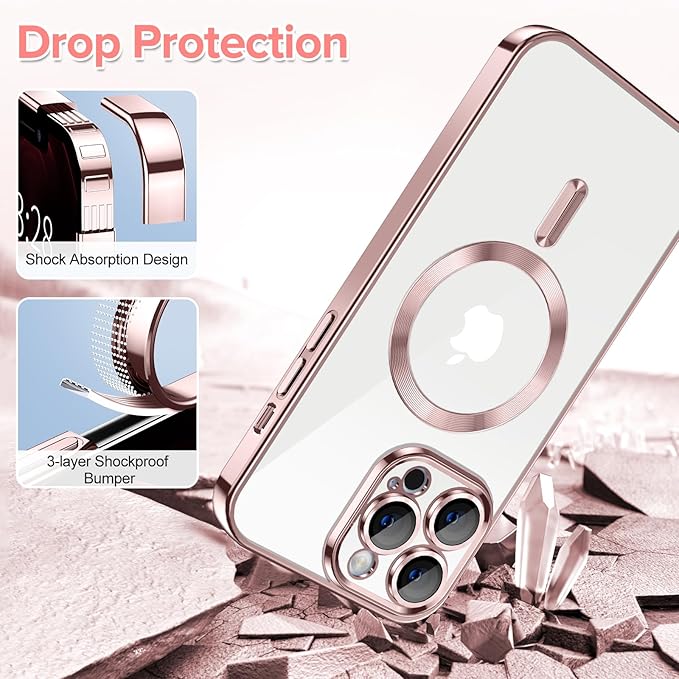 Hython Magnetic Clear for iPhone 12 Pro Max Case with Camera Lens Protector [Compatible with MagSafe] Plating Edge Slim Soft TPU Cover Protective Phone Case for iPhone 12 Pro Max 6.7", Pink