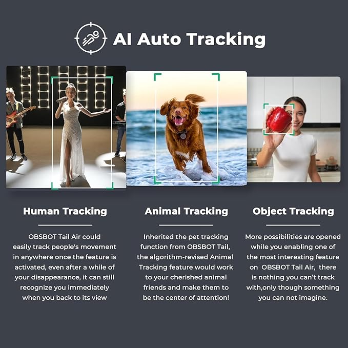 OBSBOT Tail AIR NDI Streaming PTZ Camera,Smart RC Controller,4K AI-Powered Webcam,1.8" CMOS,f/1.8 Aperture,AI Track,Gesture & Remote Control,Wired&Wireless Connection,LiveStream for Church/Music Live