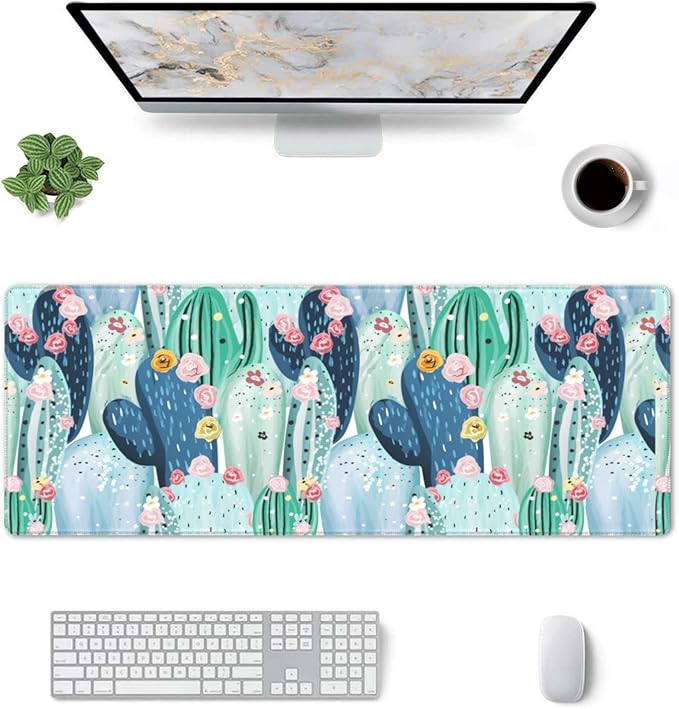 Cute Cactus Large Mouse Pad Desk Mat, Big Extended Funny Gifts XL Gaming Mousepad with Stitched Edges for Writing, Table, Long Extended Desk Pad for Women Girls Office Decor Watercolor 31.5*11.8 Inch