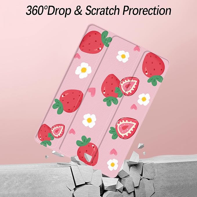 Case for iPad Pro 11-Inch M5/M4 2025/2024 (6th/5th Generation), Case with Pencil Holder, Clear Back Cover Cute Cool Design for Women Girls, Auto Sleep/Wake, Strawberry