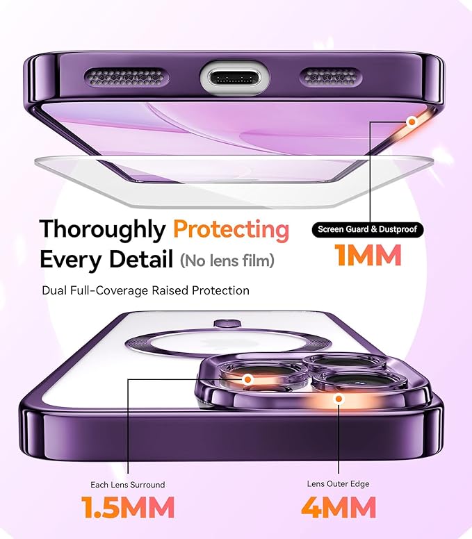 Meifigno for iPhone 15 Pro Max Case 6.7", [Glitter Card & Wrist Strap] [Compatible with MagSafe] [2X Screen Protectors] Surround Raised Camera Lens Protection for 15 Pro Max Case, Deep Purple