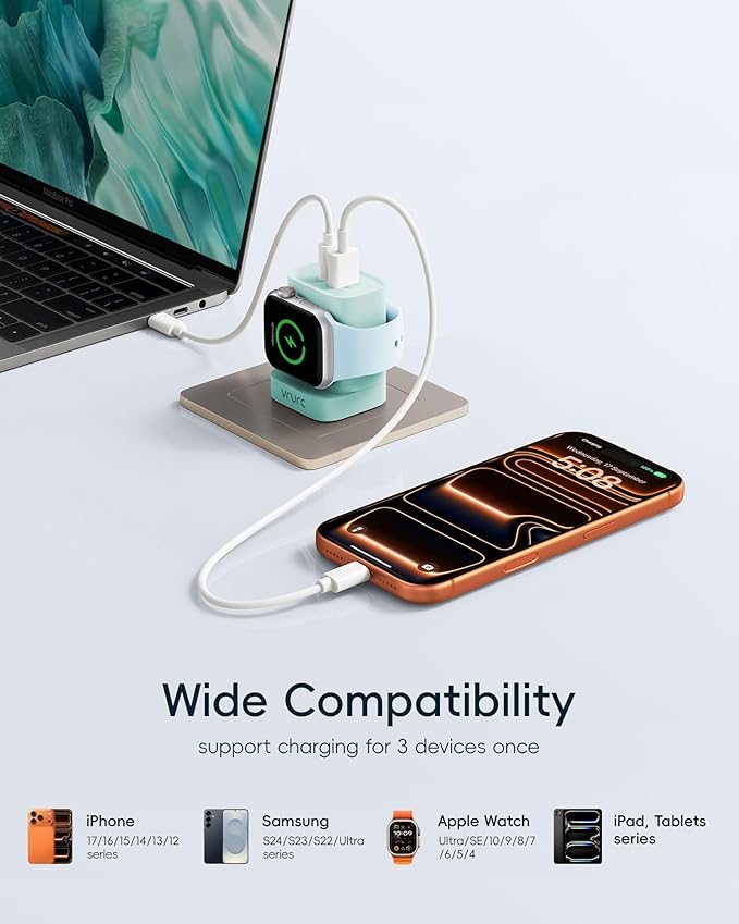 VRURC Charger for Apple Watch, Built-in Wireless Magnetic Charging Station for iWatch SE/11/10/9/8/7/6/5/4, PD 20W USB C Charging Block, Foldable Wall Charger Fast for iPhone 17/16/15/14/13-Green
