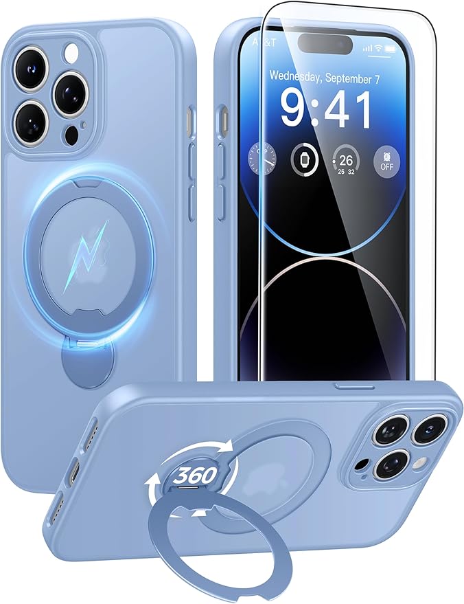 FNTCASE for iPhone 14 Pro-Max Case: [360 Spin Magnetic Stand] [Compatible with Magsafe] [Screen Protector] Translucent Matte Military Grade Shockproof Full Camera Protective Phone Cover - Light Blue