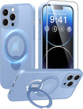 FNTCASE for iPhone 14 Pro-Max Case: [360 Spin Magnetic Stand] [Compatible with Magsafe] [Screen Protector] Translucent Matte Military Grade Shockproof Full Camera Protective Phone Cover - Light Blue