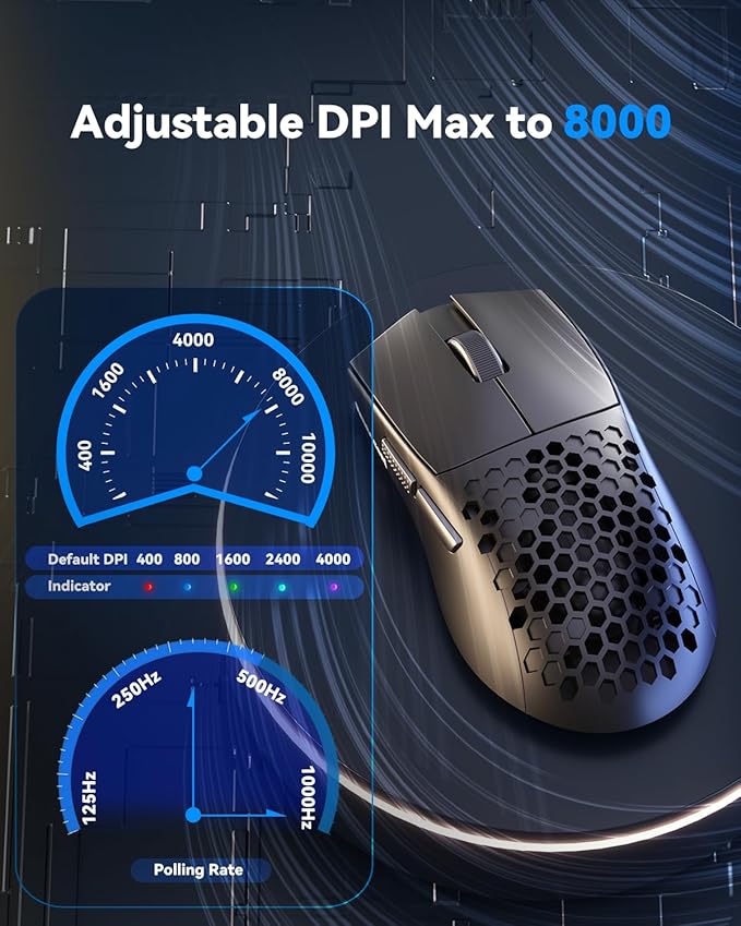 Redragon M725 Honeycomb Shell Gaming Mouse Wireless, Ultra Lightweight 49g, 8000 DPI Tri-Mode BT5.1/2.4GHz/Type-C Wired Gamer Mouse with 2 Side Buttons, Macro Programmable for PC/Mac/Laptop, Black