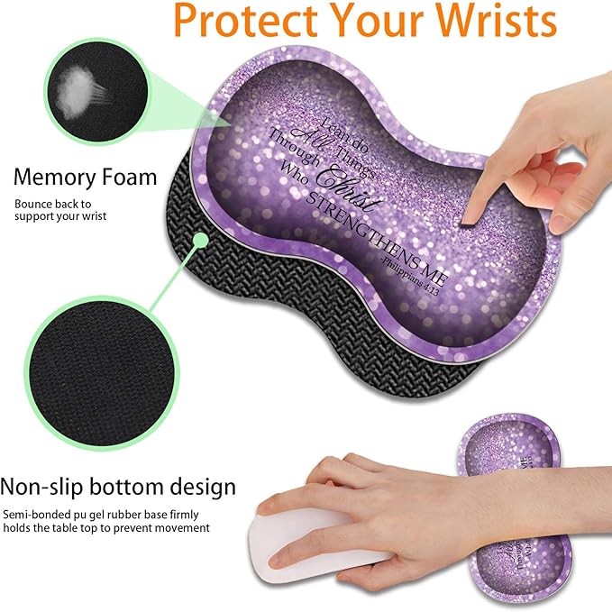 Durable Desk Mat + Wrist Rest Pad + Coasters Set, Large Gaming Office Mouse Pad 31.5 "x 11.8", Extended Non-Slip Rubber Keyboard Pad, Laptop & Home, Purple Glitter Quote Philippians 4-13