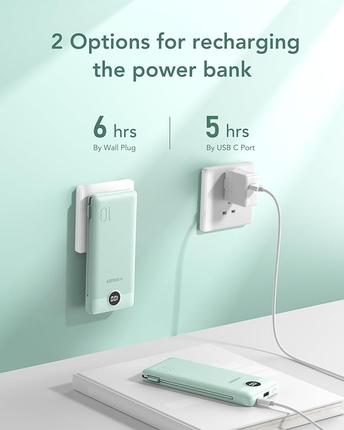 VEGER Portable Charger with Built-in AC Plug and Cables, All in One 10000mAh Ultra Slim Power Bank Travel Essentials, Fast Charging Battery Pack Compatible with iPhone, Samsung, Android (Green)