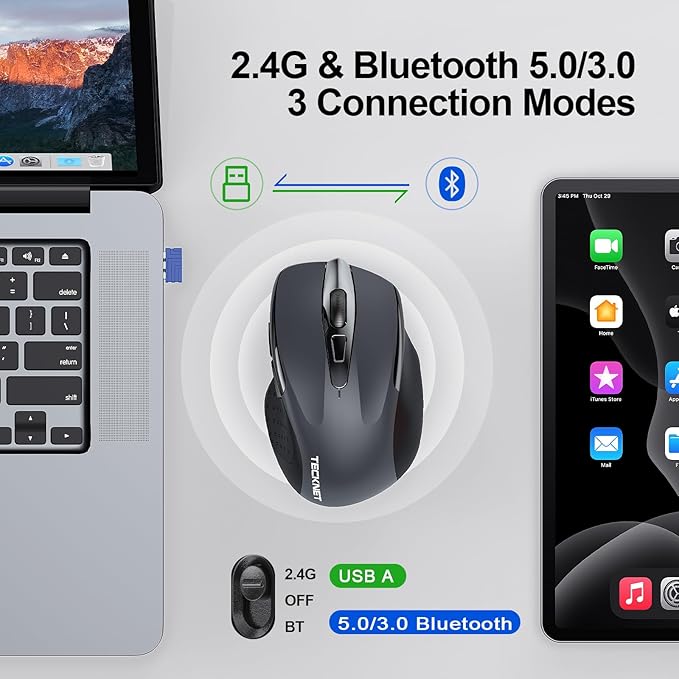 TECKNET Wireless Mouse (2.4G & BT5.0/3.0) Silent 4800 DPI Computer USB A & Bluetooth Mouse 6 Buttons, Wide Compatibility - Grey