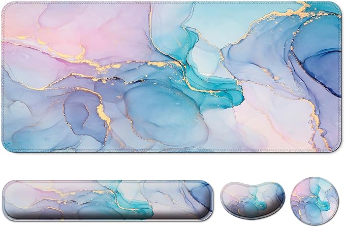 Keyboard Wrist Rest + Mouse Pad with Wrist Support + Desk Mat + Coaster 4 in 1 Set, XXL Large Gaming Mousepad Cute Ergonomic Mouse Pads for Desk Computer Laptop Office Decor-Blue Gold Marble