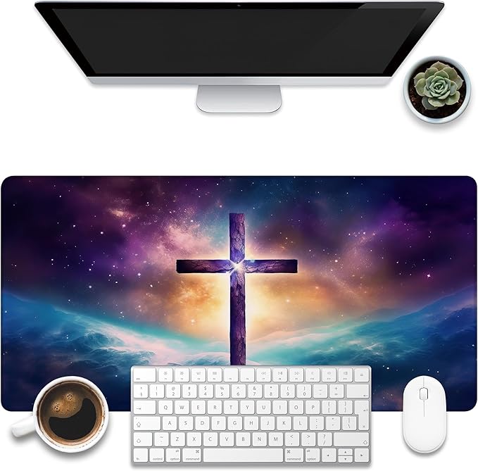Large Gaming Mouse Pad, Jesus Cross Abstract Galaxy Cosmic Desk Pad, 31.5"x15.7" Extended Big Computer Keyboard Mouse Pad with Non-Slip Base and Stitched Edge