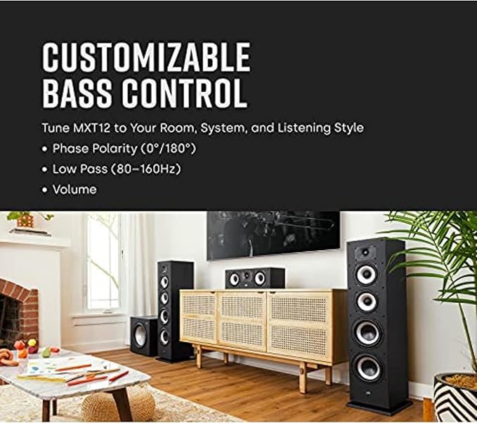 Polk Monitor XT12 Powered Sub - 12" Balanced Woofer & 100W Class A/B Amplifier, Low-Resonance MDF Cabinet & Removable Grille, Dolby Atmos & DTS:X Compatible, Home Theater Subwoofers, Midnight Black