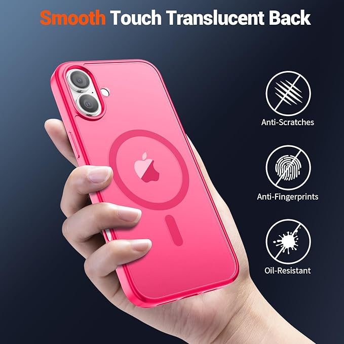 SUPFINE Magnetic for iPhone 16 Plus Case(Compatible with MagSafe) (Military Grade Drop Protection) Slim Translucent Matte Shockproof with Anti-Fingerprint Phone Case,Hot Pink