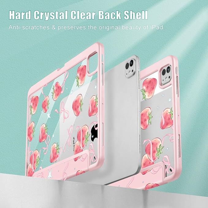 May Chen for iPad Pro 13 Inch Case M5 2025 / M4 2024, Built Pencil Holder & Clear Transparent Print Back Shell Slim Stand Shockproof Tablet Cover, Auto Wake/Sleep, Bow Strawberry