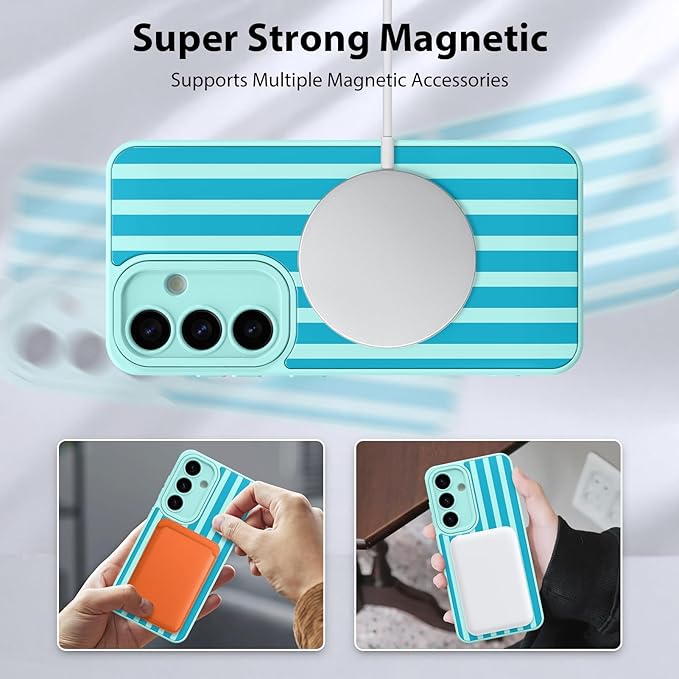 KANGHAR Compatible with Samsung Galaxy S25 Case, Support for MagSafe, Silicone Stripes Cute Pattern, Wristband Kickstand Camera Protection Soft Slim Cover for Girls Women -Blue