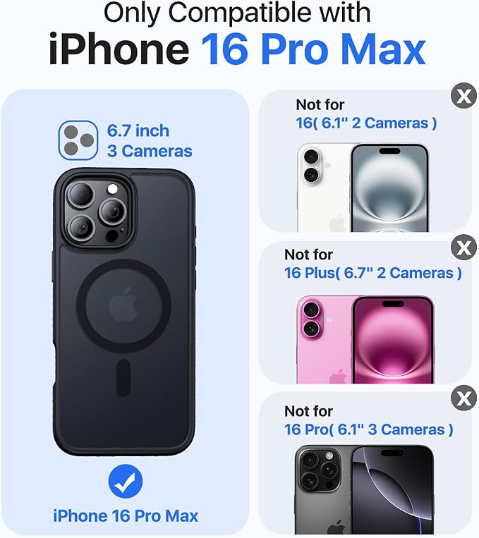Magnetic for iPhone 16 Pro Max Case[Compatible with MagSafe][Military-Grade Drop Protection][Anti-Yellowing]Shockproof Protective Translucent Matte Cover for iPhone 16 Pro Max Phone Case,Black