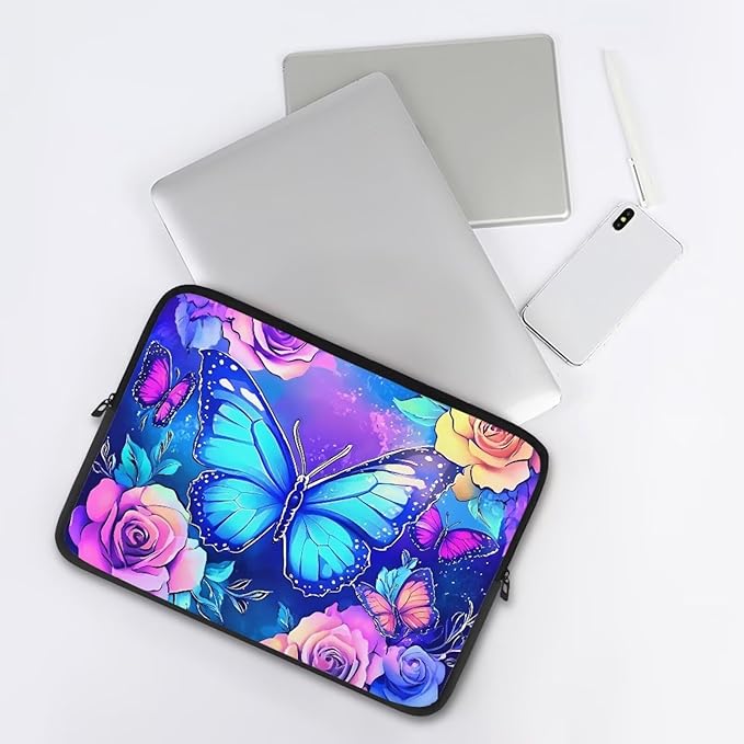 Butterfly Computer Sleeve for Women Laptop Sleeve 13inch Neoprene Lap Top Case with Padded Compartment Computer Carrying Case Purple Rose Laptop Sleeve Bag