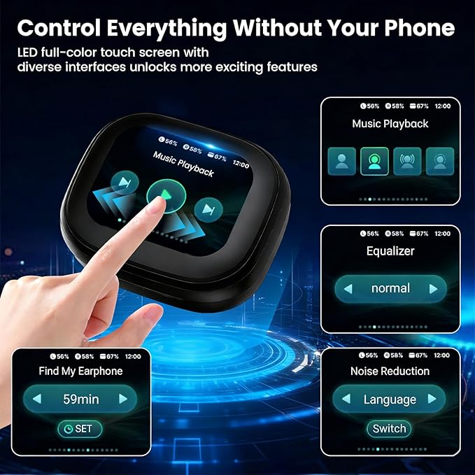Touch Screen Earbuds, Wireless Bluetooth in-Ear Headphones with ANC Noise Cancelling, 60H Playtime, IPX5 Waterproof for Sports Gym Work Travel