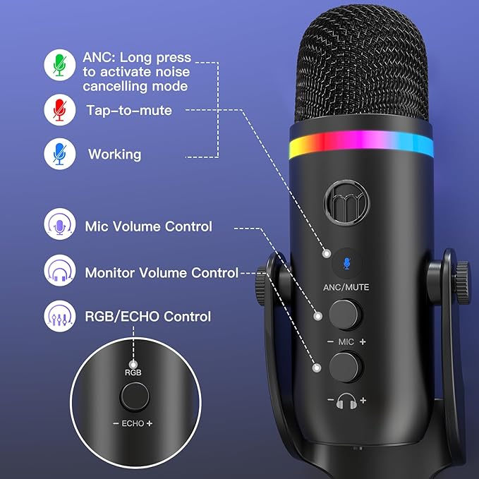 ZealSound Podcast Microphone for PC, USB Noise Cancelling Mic with RGB Lighting, Mute & Gain Control, Zero-Latency Monitoring for Mac, iPhone, iPad, Computer, Streaming, Recording, Podcasting K66 Pro