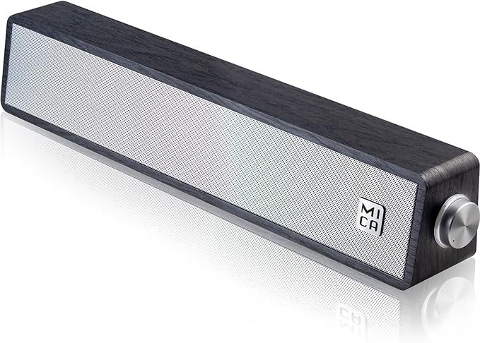 MICA Computer Speakers, Vintage Wired Computer Sound Bar, Retro Wooden Mini Soundbar, USB Powered PC Speakers for Desktop Monitor, Laptop, Tablet, 3.5mm Aux Connection, Angled (Gray)