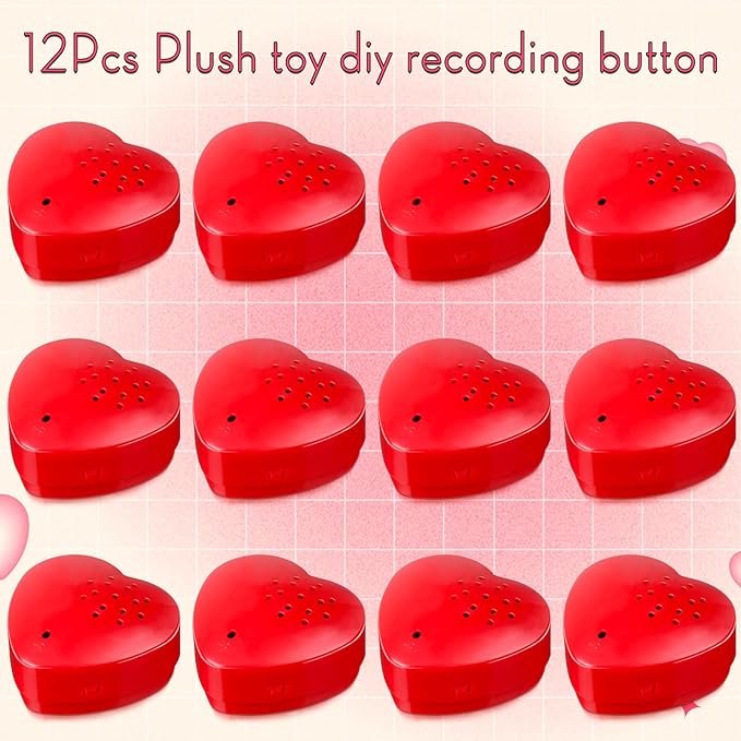 Fabbay 12 Pack Voice Recorder for Stuffed Animal Push Button Sound Recorder Heart Shaped Recordable Button Voice Recording Button Box Device for Plush Toy Bear Module Record Messages, Red (60 Seconds)