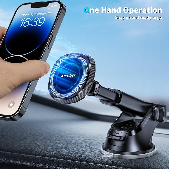 APPS2Car for MagSafe Car Mount, Magnetic Phone Holder for Car Dashboard Windshield, Suction Cup Holder with Telescopic Arm, Magnetic Cell Phone Mount for iPhone MagSafe Case, Charging Not Supported