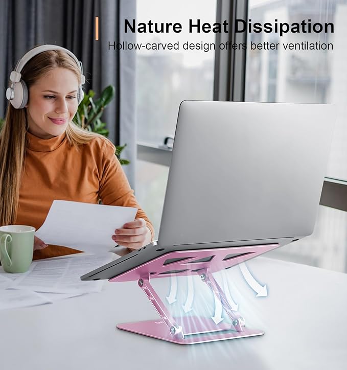 Aoviho Laptop Stand Holder, Adjustable Desk Laptop Riser, Foldable Notebook Computer Stands for MacBook Air Pro HP Lenovo Dell Samsung Chromebook, Up to 15.6 inch, Rose Gold