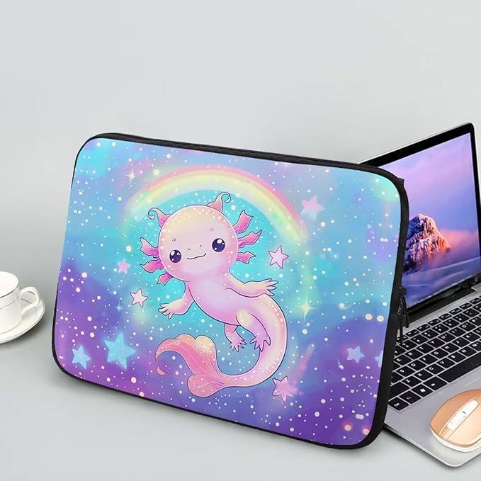 Rainbow Axolotl Computer Sleeve for Women Girls Laptop Sleeve 15 inch Neoprene Laptop Covers with Padded Compartment Lap Top Case Galaxy Computer Carrying Bag Purple