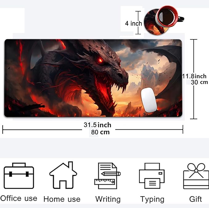 Large Mouse Pad, 31.5 x 11.8in Extended Gaming Mouse Pad with Stitched Edges, XXL Mousepad Protector Non Slip Rubber Base for Office and Home Writing Mat, Anime Fire Dragon Pattern Black Desk Mat