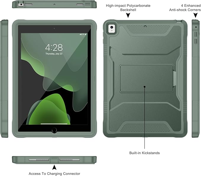Soke Case for iPad 6th/5th Generation 9.7 Inch 2018/2017,with Built-in Screen Protector and Kickstand, Rugged Full-Body Heavy Duty Protective Cover for Apple iPad Air 2 /Pro 9.7 - Calke Green