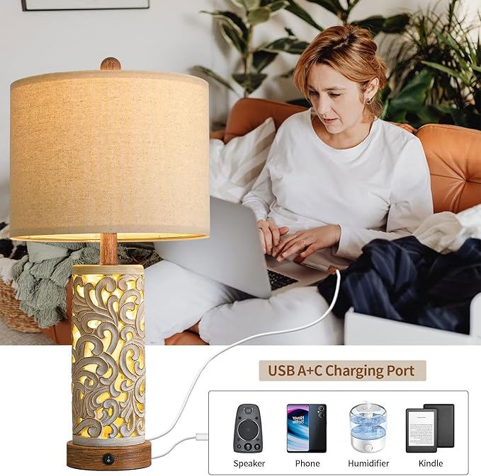 OYEARS 22'' Table Lamp Set of 2 for Living Room,Farmhouse Lamp for for Bedroom,Vintage Retro Bedside Lamps with USB Ports Linen Shade for Home Office (Brown, Bulb Included)