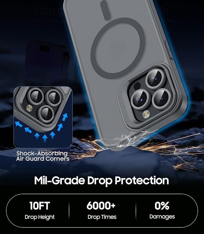 TOBOVON for iPhone 14 Pro Case, Compatible with MagSafe, Built-in Camera Ring Stand, with Individual Camera Cover, Translucent Matte Military-Grade Drop Protection Magnetic Case, Gray