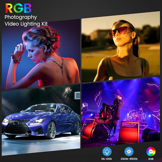 2-Pack RGB Photography Lighting Kit, 50W Bi-Color Professional LED Studio Lights, 2300k~8500k Dimmable Photo Lights for Photography Filming Camera Video Recording Stage Shooting Streaming TikTok