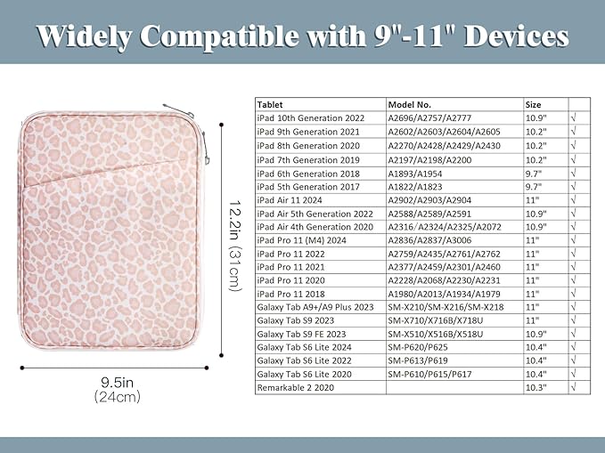 TiMOVO 9-11" Tablet Sleeve Bag for iPad 11-inch A16 2025, iPad 10.9"/10.2"| Air 11 Inch/5th/4th Gen. 10.9", Galaxy Tab A9+/A11Plus 11", Protective Bag with Pocket, Pink Leopard