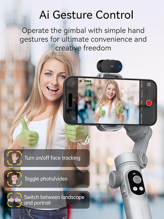 AOCHUAN 3-Axis Phone Gimbal, Gimbal Stabilizer for iPhone w/AI Vision Sensor, Portable for iPhone/Andriod, Phone Stabilizer Built in Fill Light Perfect for TikTok YouTube-Smart XPro AI Grey